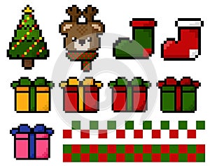 Christmas and happy new year pixel art set on white.